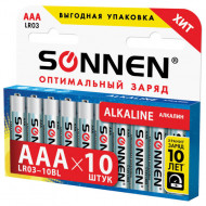 Батарейка R03 (AAА) SONNEN алкалиновые (10шт. комплект) мизинчиковые