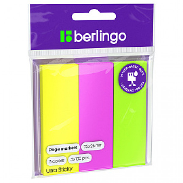 Стикеры-закладки Berlingo 3 цвета неон (100 л.) бумажные прямоугольные, 25*75мм