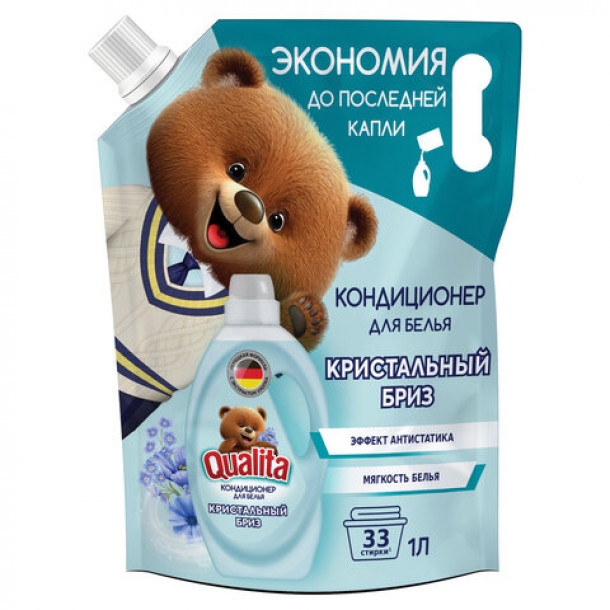 QUALITA Кондиционер-ополаскиватель для белья 1 л, Кристальный бриз, с антистатиком, дой-пак