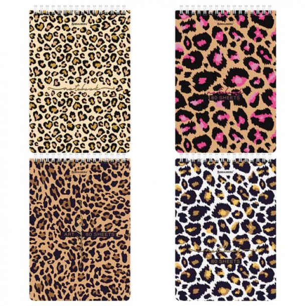 Блокнот А5 080л. Brauberg спираль сверху, картон, клетка, Leopard