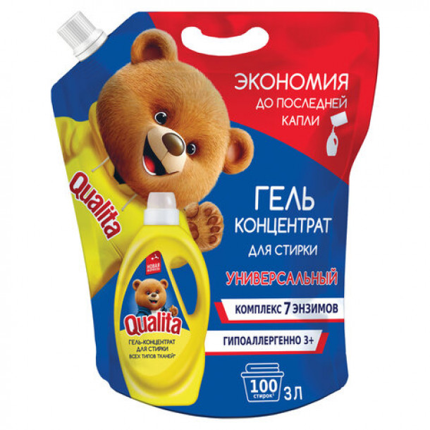 QUALITA Гель для стирки универсальный, для всех типов тканей, концентрат, дой-пак, 3 л
