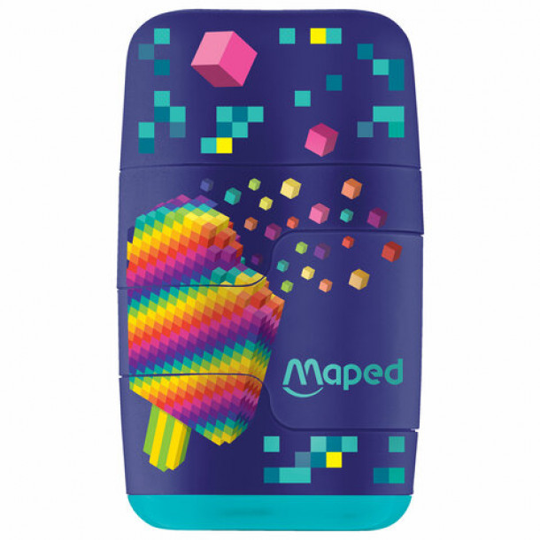 Точилка пластиковая с контейнером Maped Pixel Party Connect, с ластиком, ассорти
