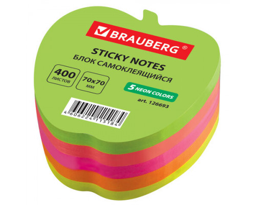 Стикер Brauberg 070х070мм (400 л.) фигурный Яблоко неон, 5 цветов